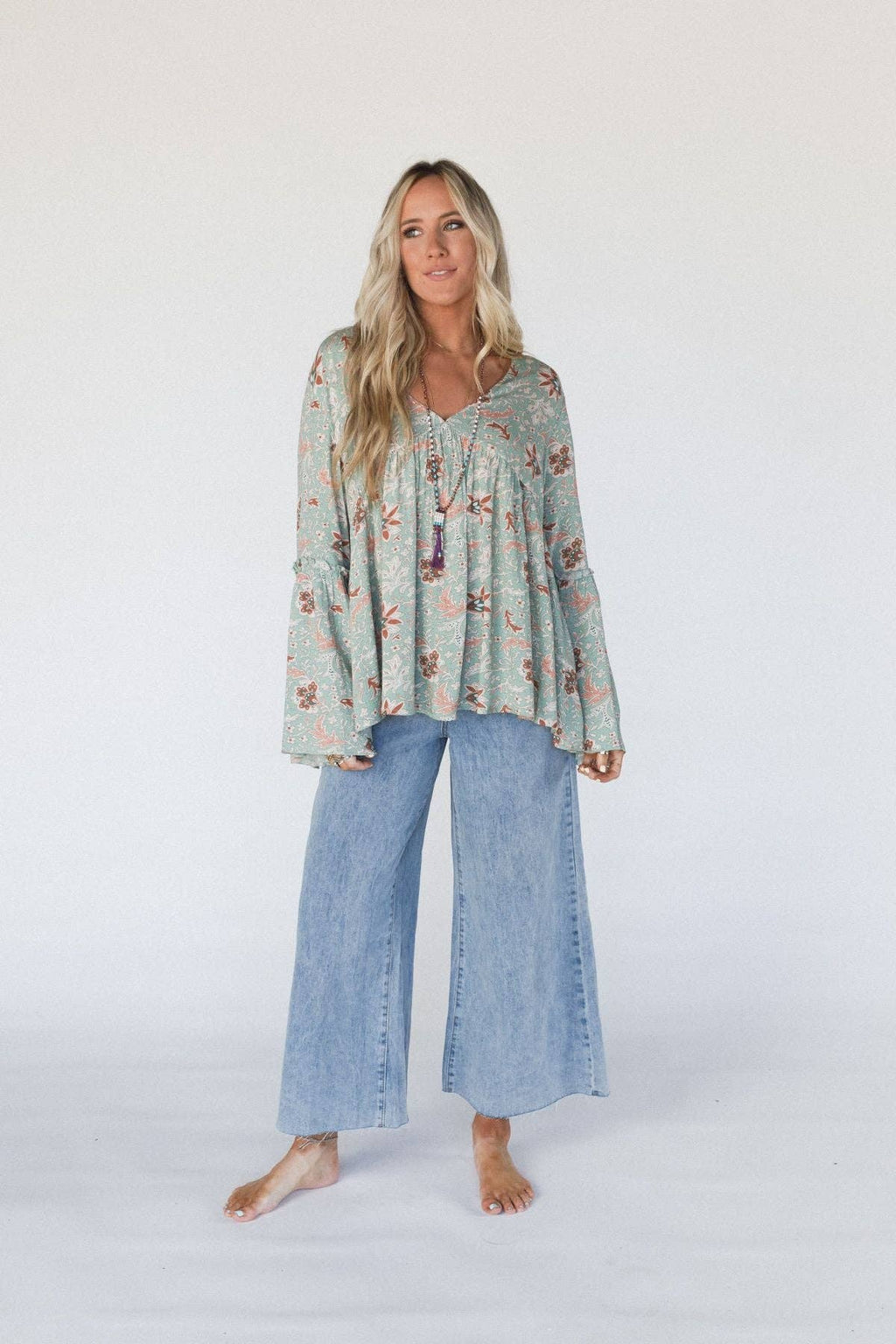 Brea Mixed Print Top - Sage Floral Print
