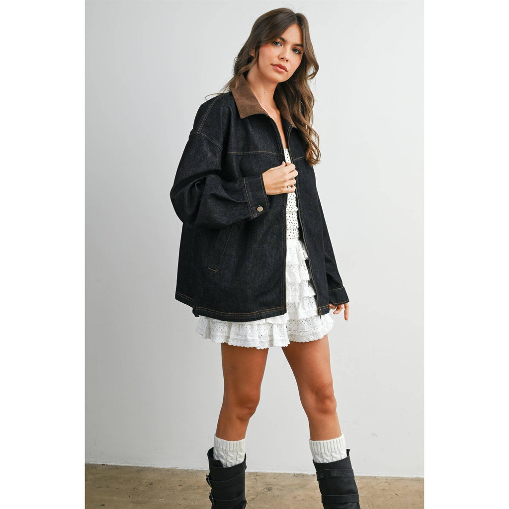 Zip-front Contrast-Collared Denim Jacket - BMJ8115