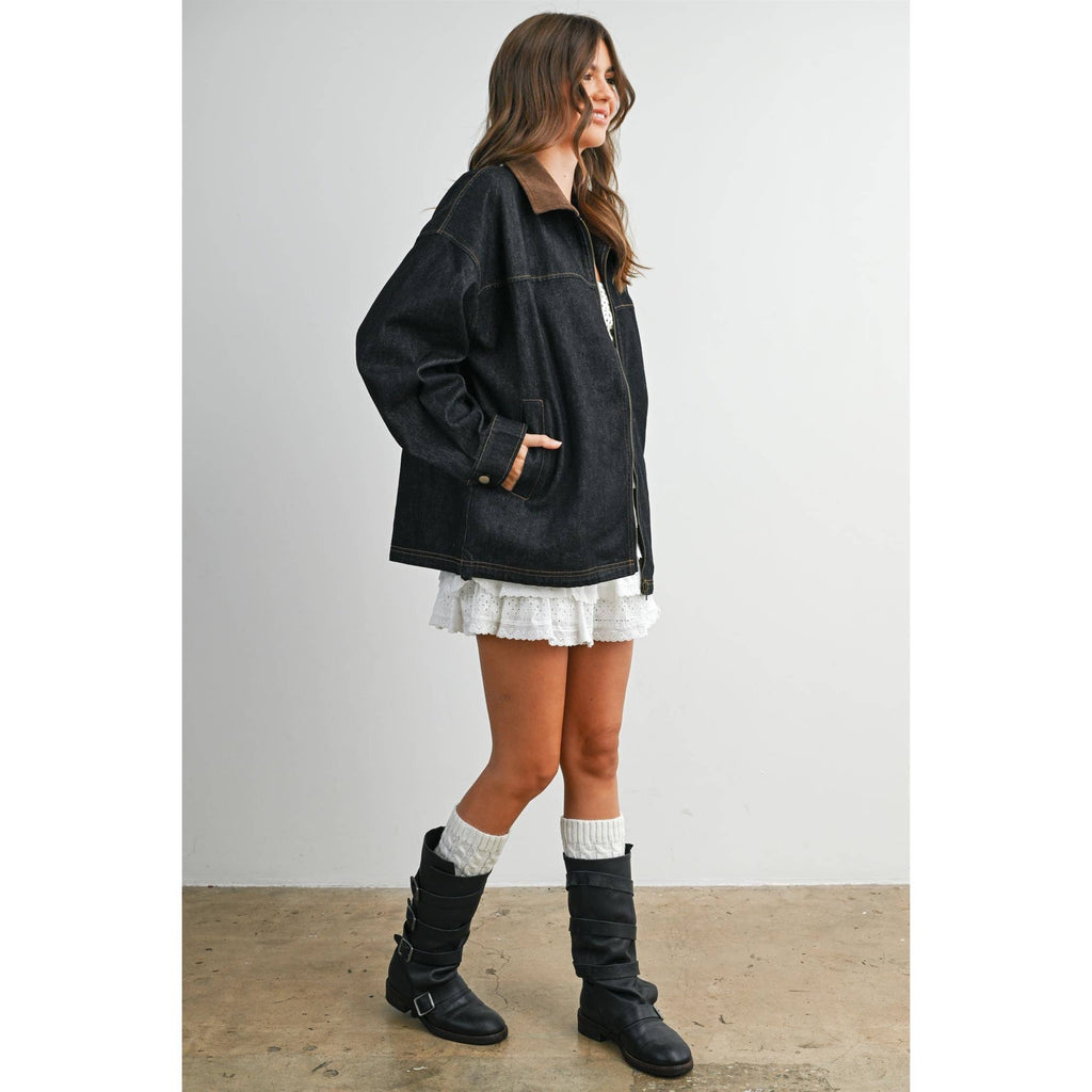 Zip-front Contrast-Collared Denim Jacket - BMJ8115