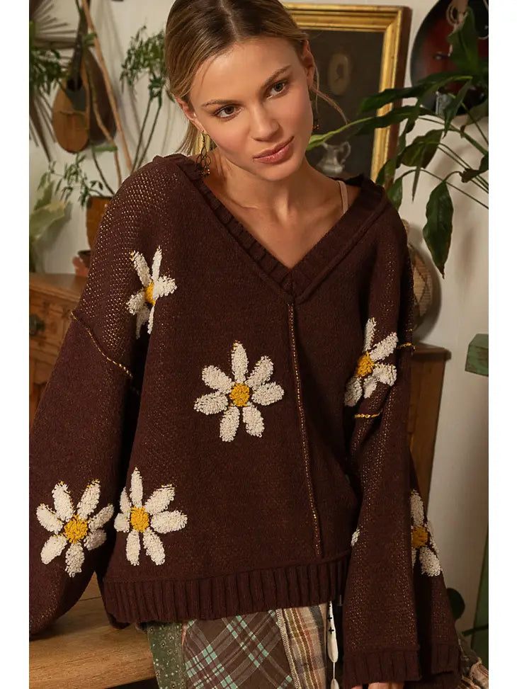 Daisy V-Neck Berber Floral Pattern Chenille Pullover Sweater