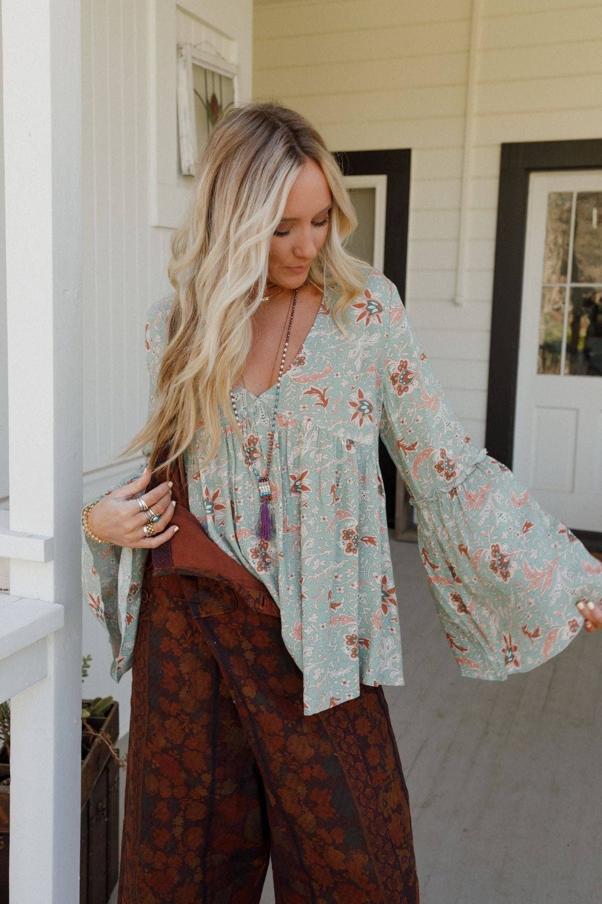 Brea Mixed Print Top - Sage Floral Print