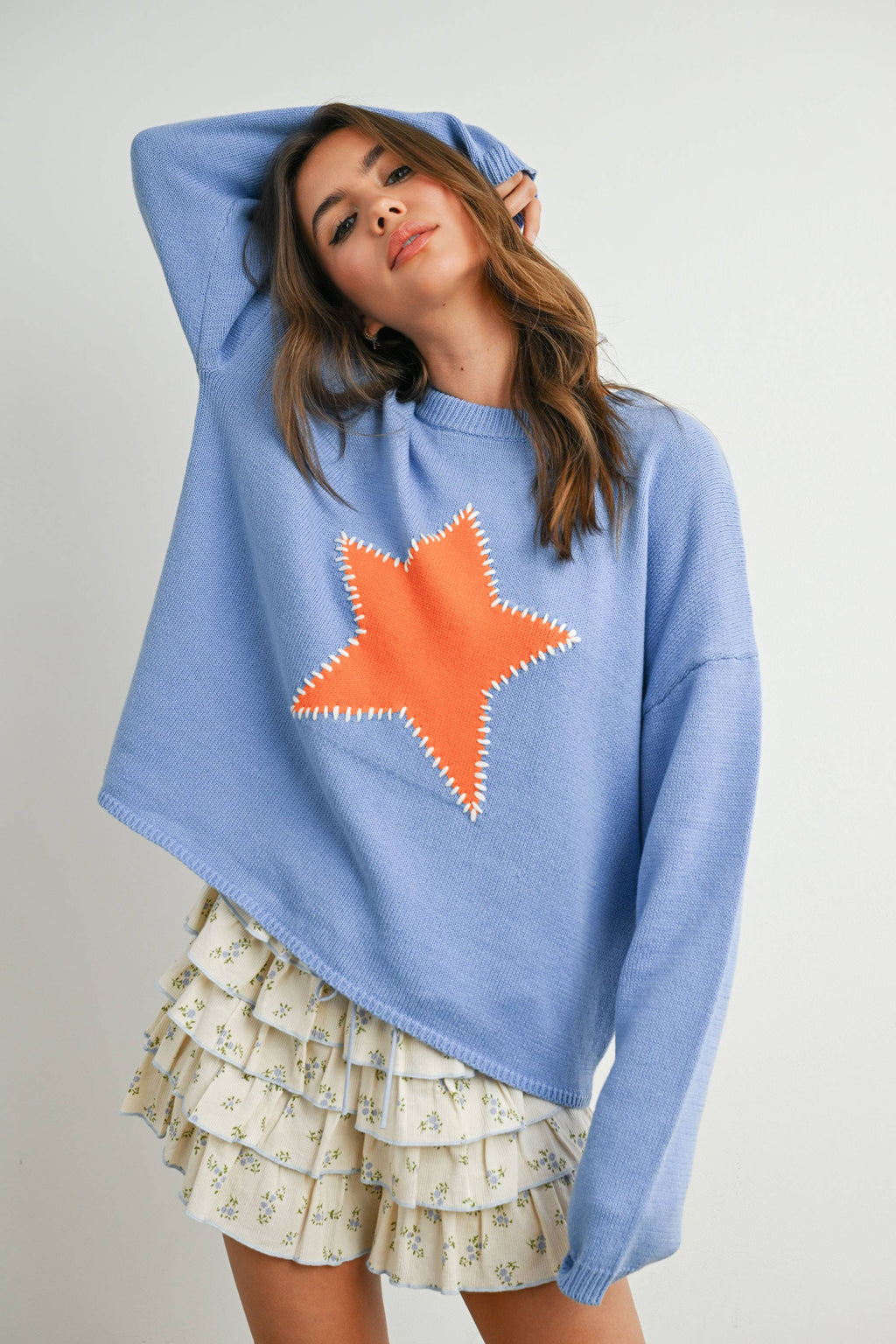 Drop Shoulder Star Pattern Sweater - BMW7756