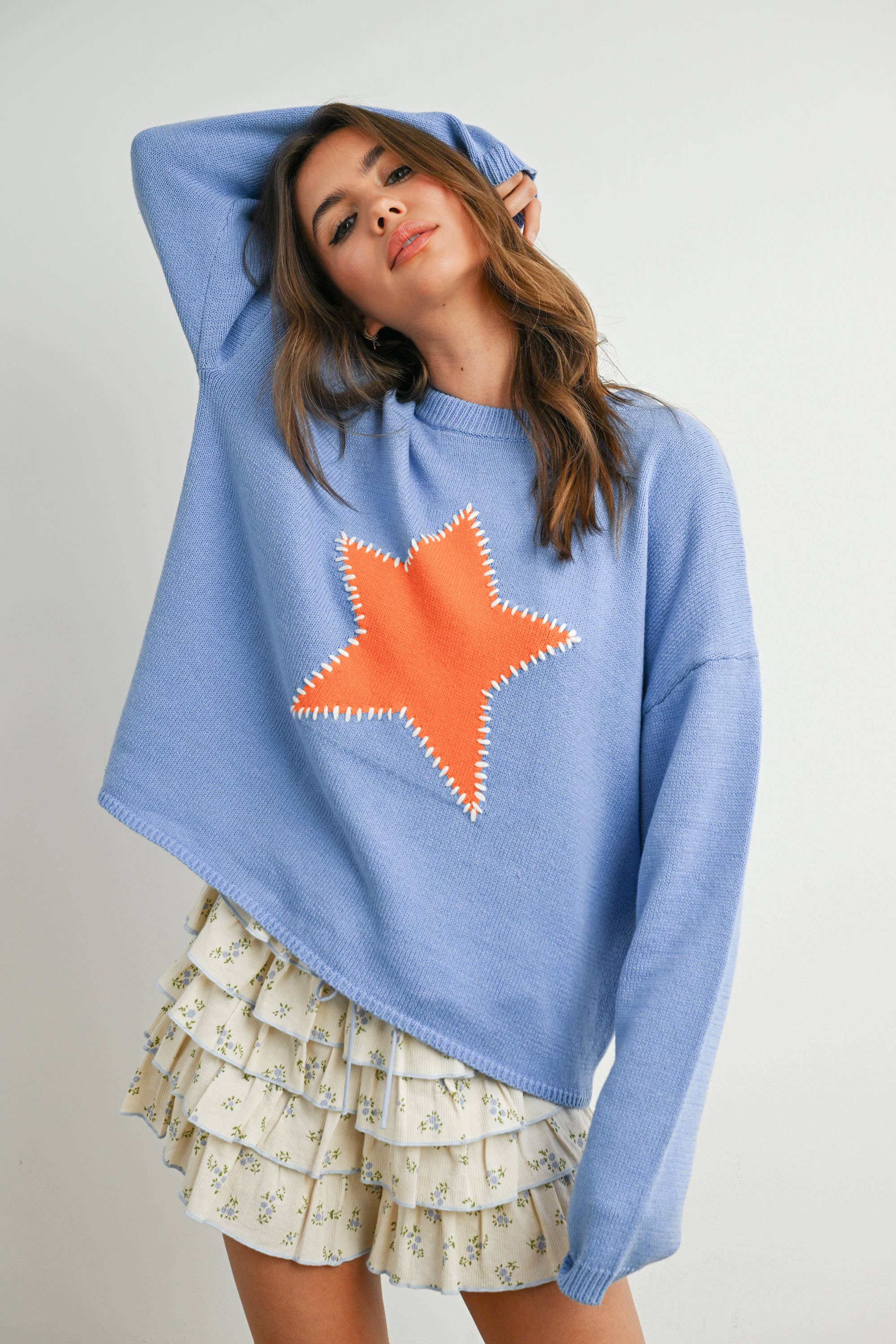 Drop Shoulder Star Pattern Sweater - BMW7756