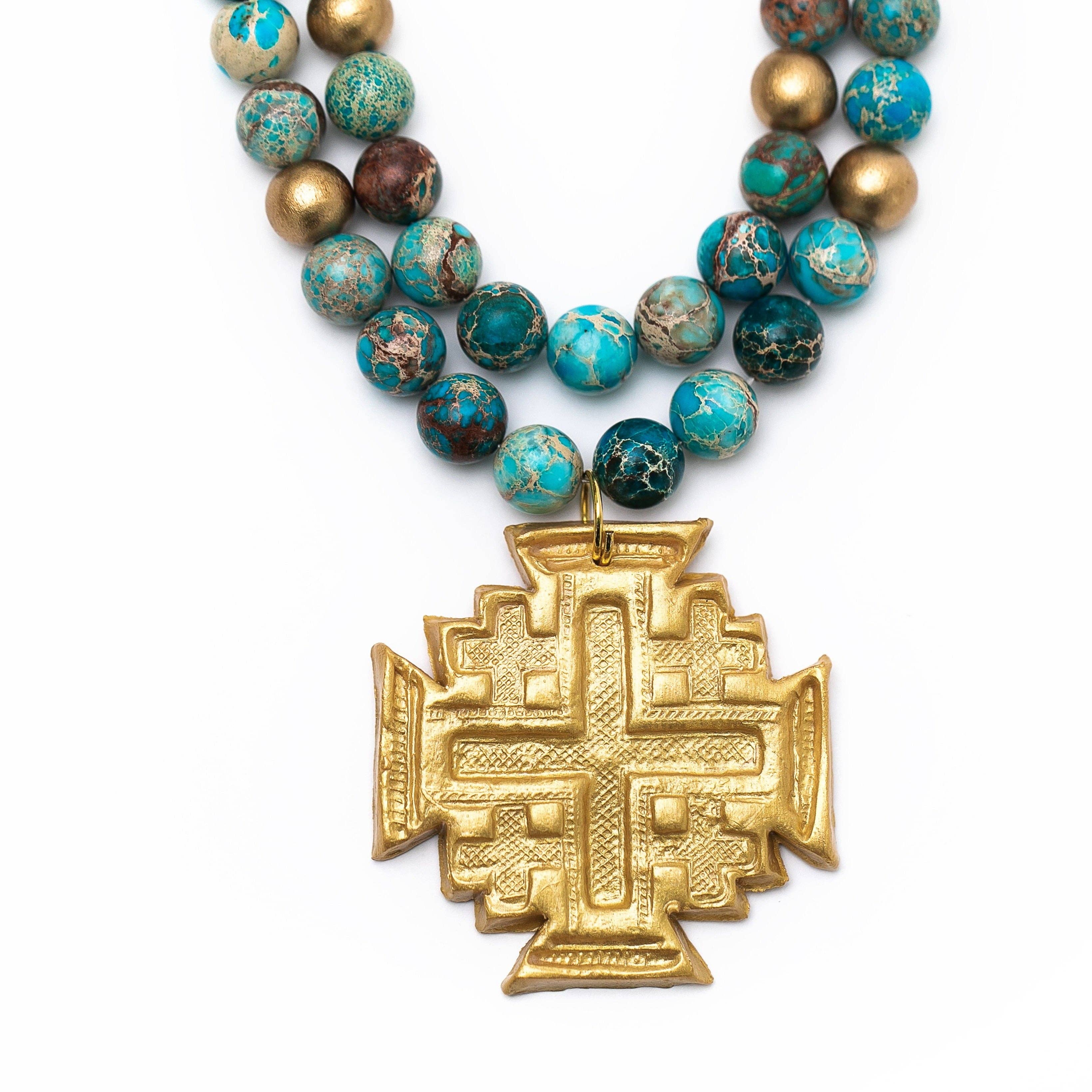 Double Strand Turquoise Sea Sediment Jasper with Jerusalem C