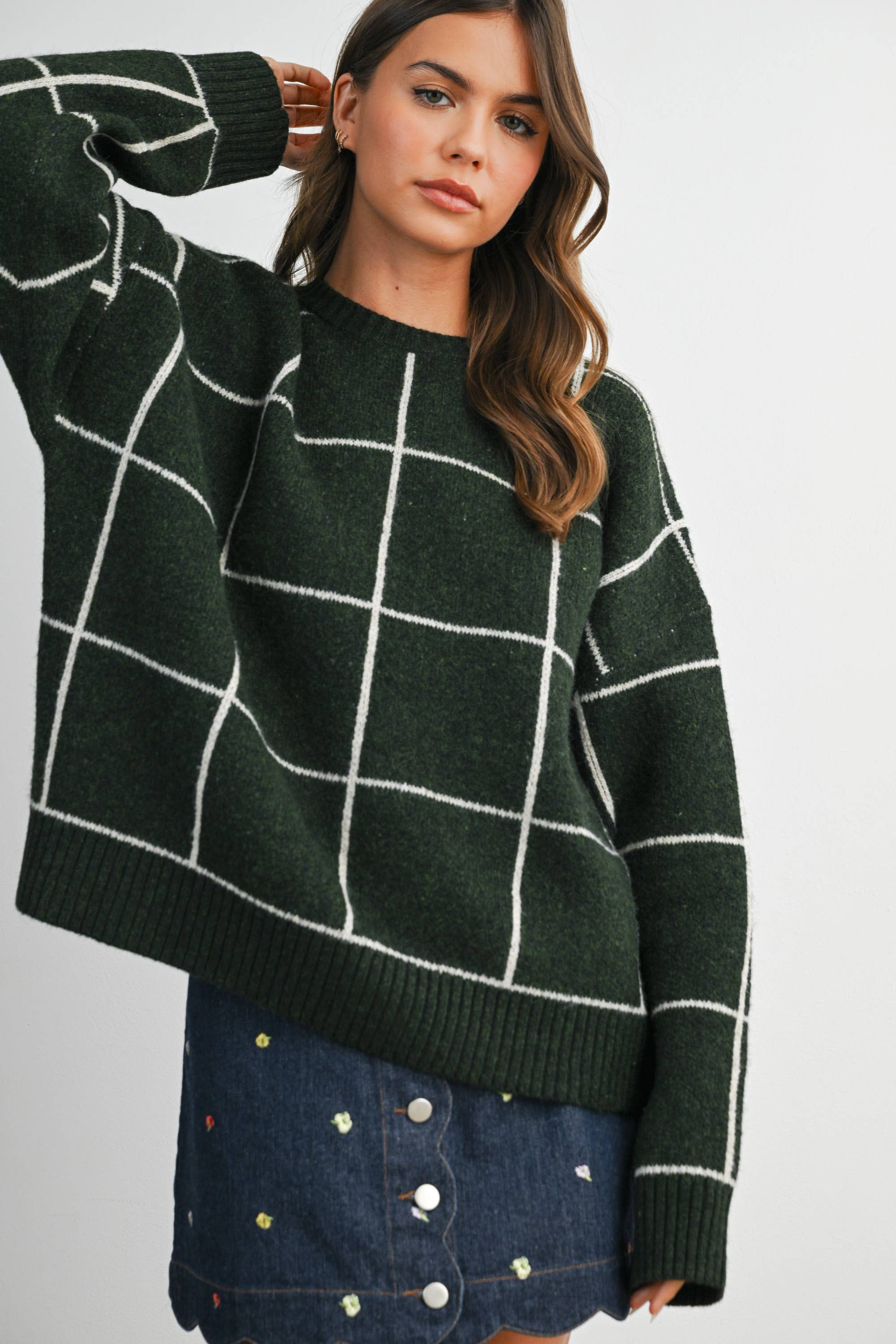 Checkered Crew Neck Knit Sweater - BMW8077