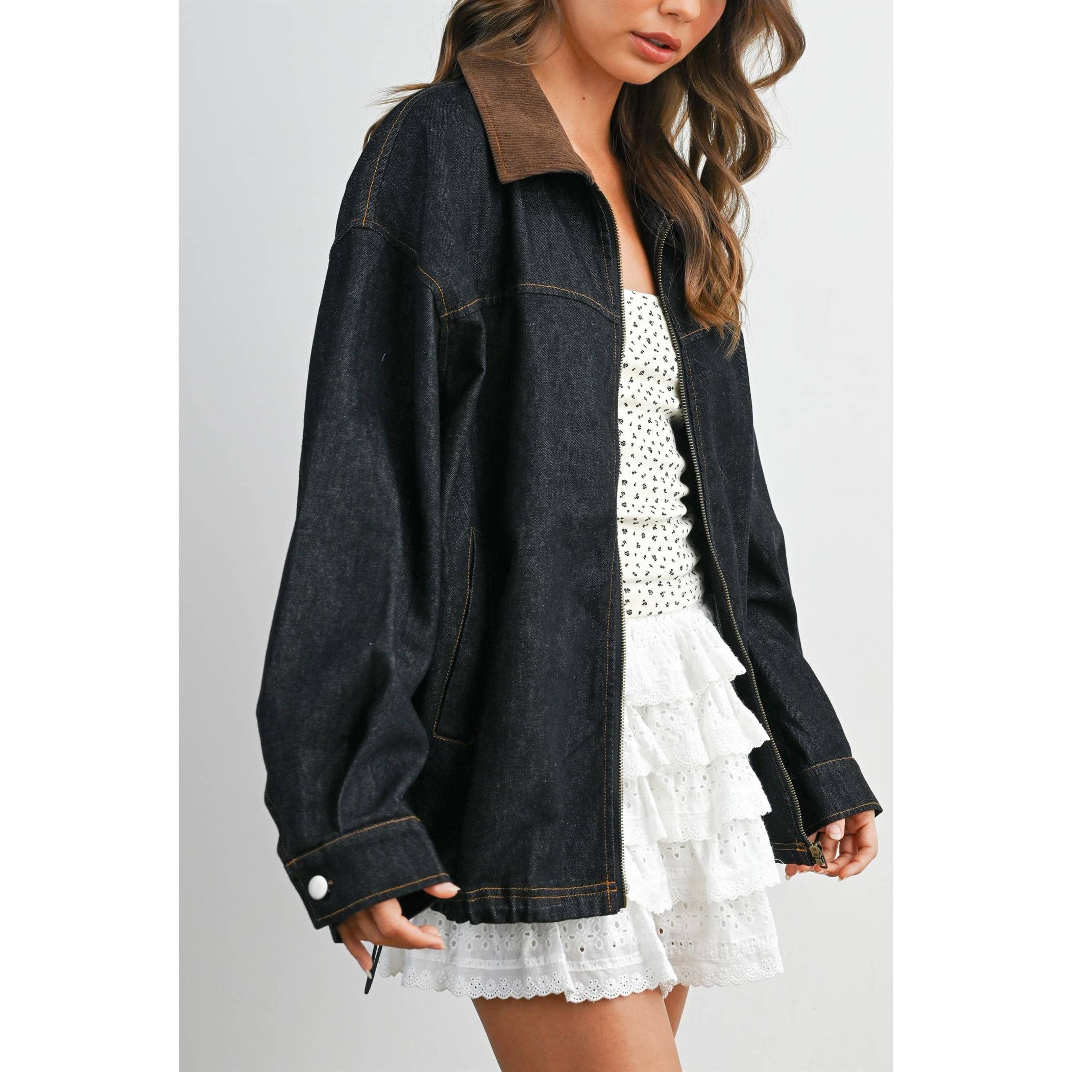 Zip-front Contrast-Collared Denim Jacket - BMJ8115
