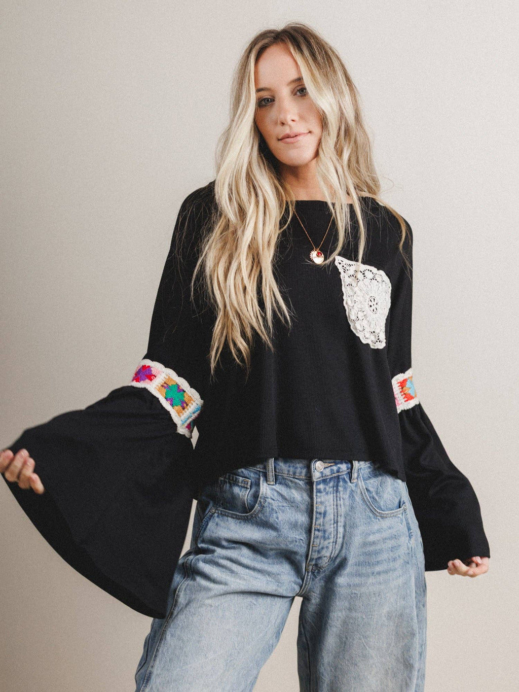Groovy Crochet Patchwork Top - Black
