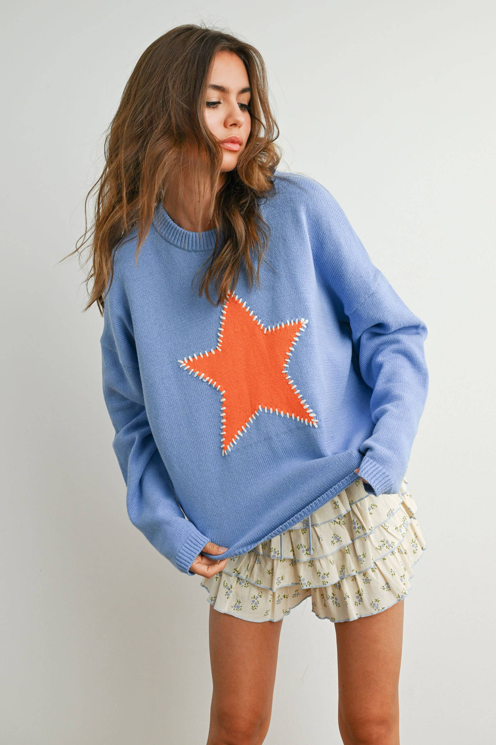 Drop Shoulder Star Pattern Sweater - BMW7756