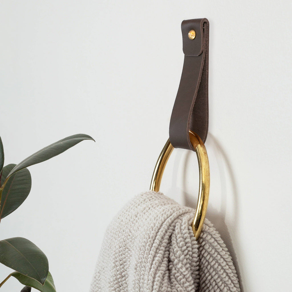 Medium Leather Towel Ring - Brass Finish [Round End]