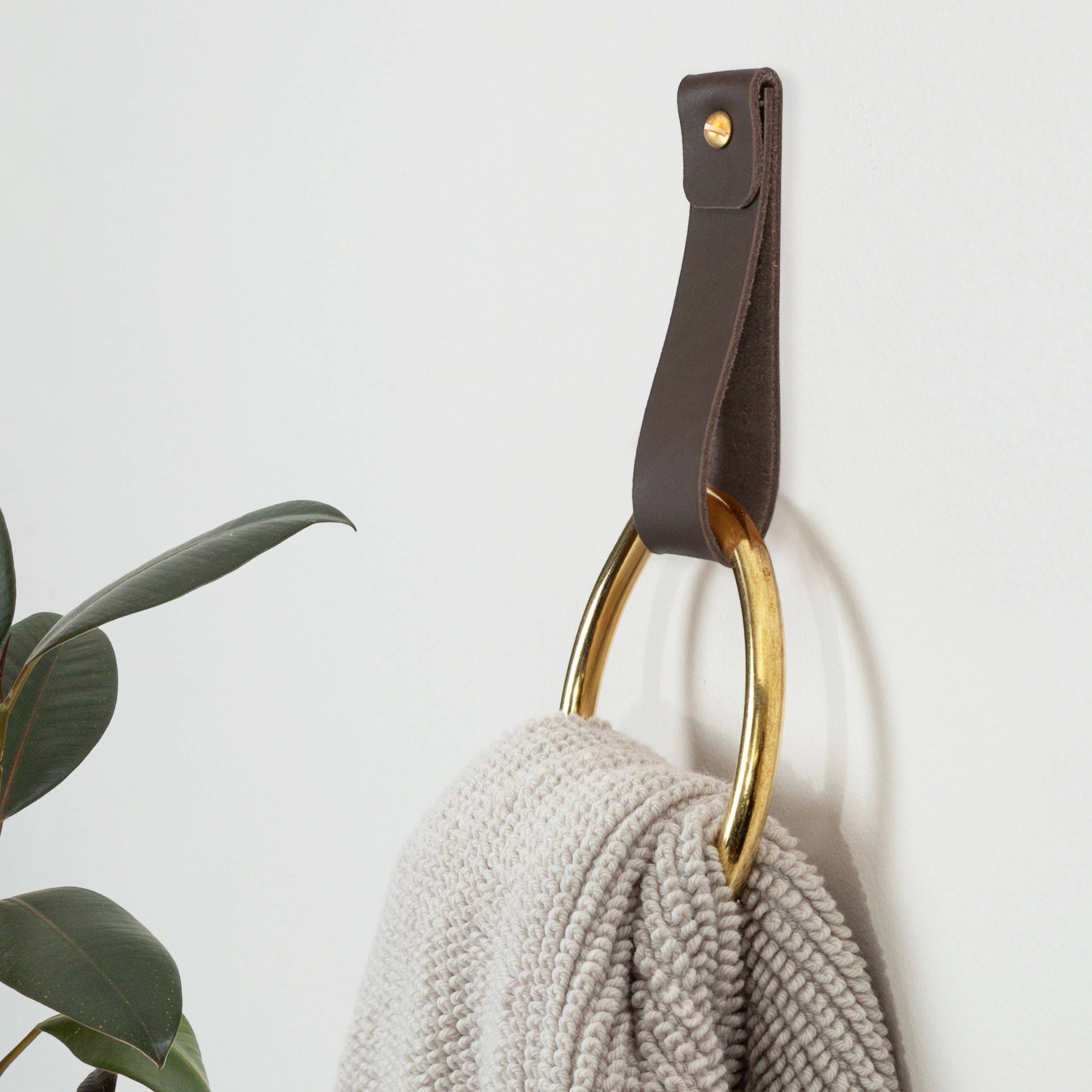 Medium Leather Towel Ring - Brass Finish [Round End]