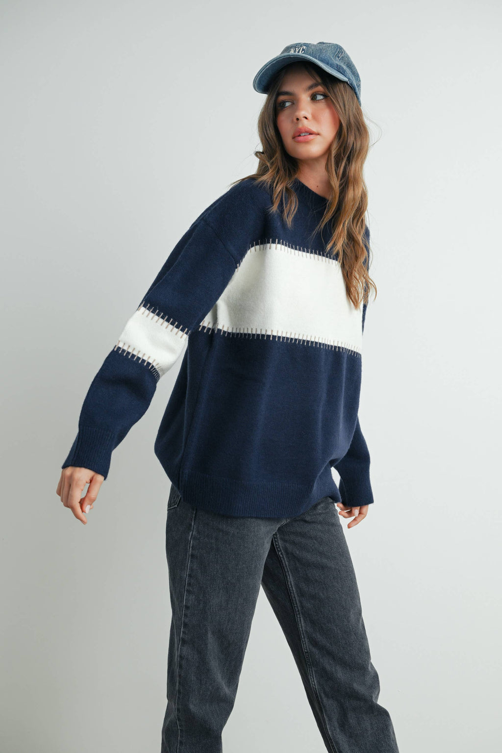 Color Block Striped Crew Neck Sweater - BMW7501