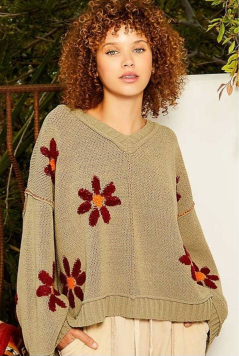 Daisy V-Neck Berber Floral Pattern Chenille Pullover Sweater