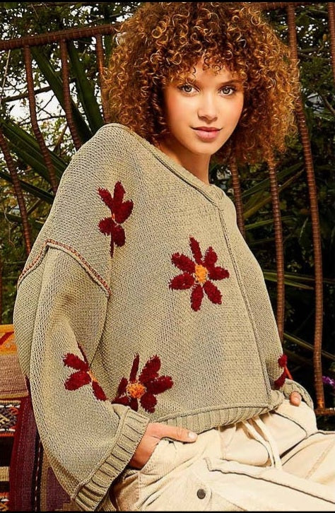 Daisy V-Neck Berber Floral Pattern Chenille Pullover Sweater