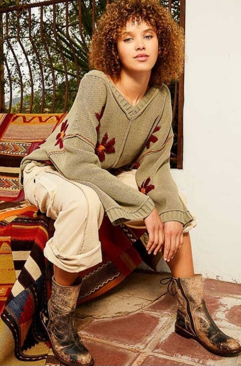 Daisy V-Neck Berber Floral Pattern Chenille Pullover Sweater