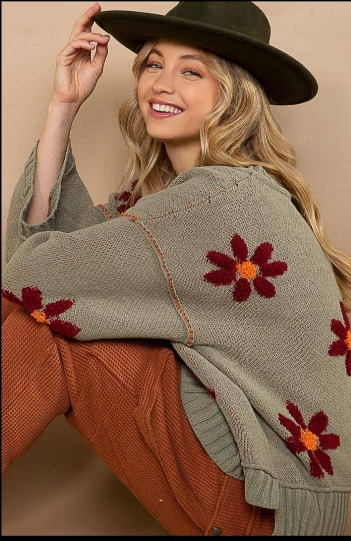 Daisy V-Neck Berber Floral Pattern Chenille Pullover Sweater