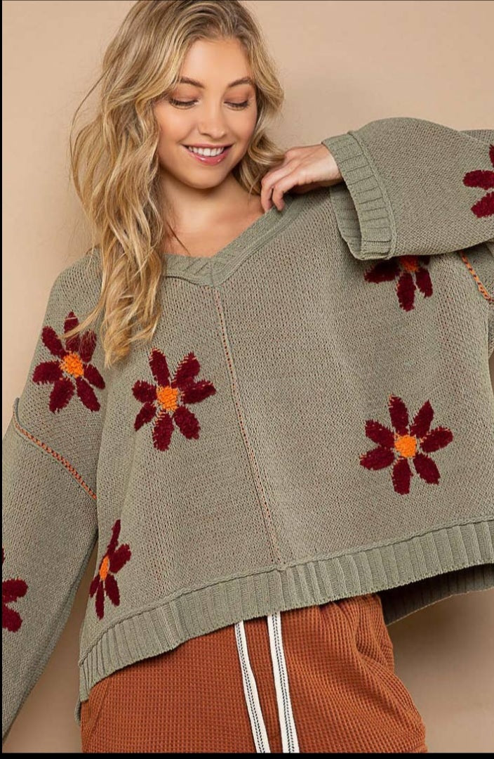 Daisy V-Neck Berber Floral Pattern Chenille Pullover Sweater