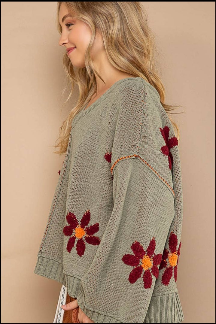 Daisy V-Neck Berber Floral Pattern Chenille Pullover Sweater