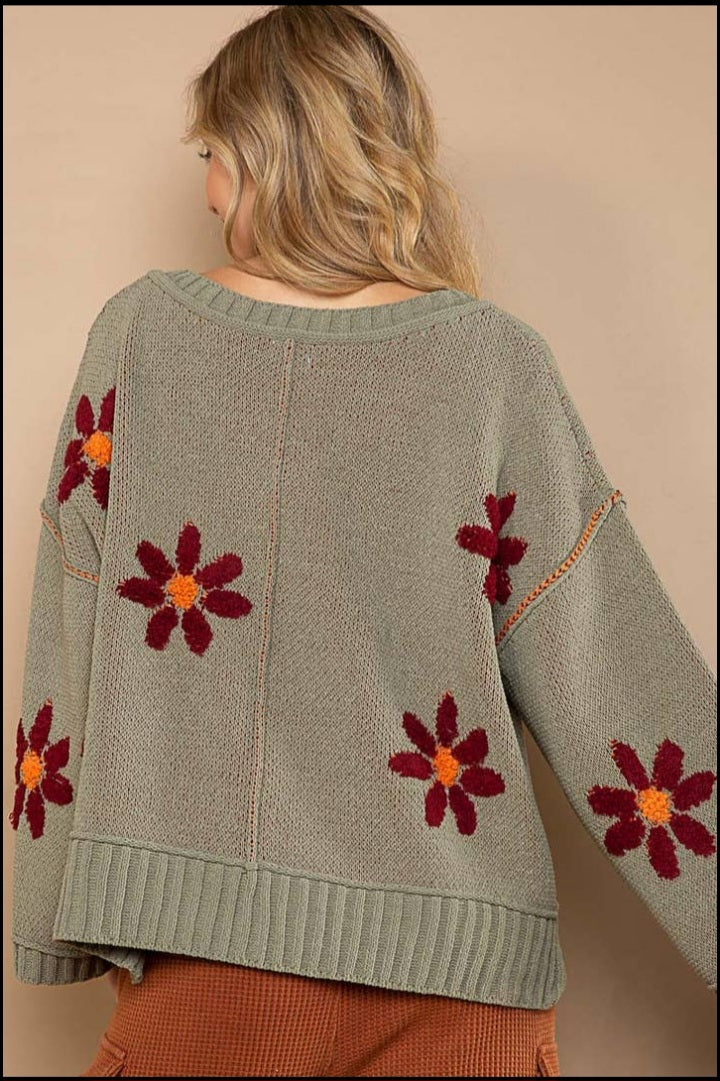 Daisy V-Neck Berber Floral Pattern Chenille Pullover Sweater