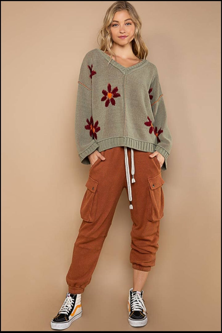 Daisy V-Neck Berber Floral Pattern Chenille Pullover Sweater