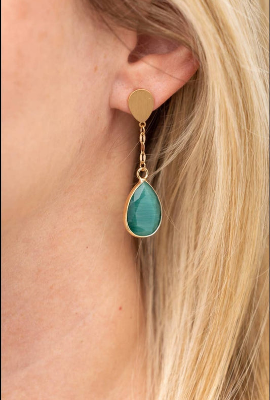 Teardrop Cateye Drop Post Earrings, Teal