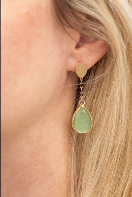 Teardrop Cateye Drop Post Earrings, Light Green