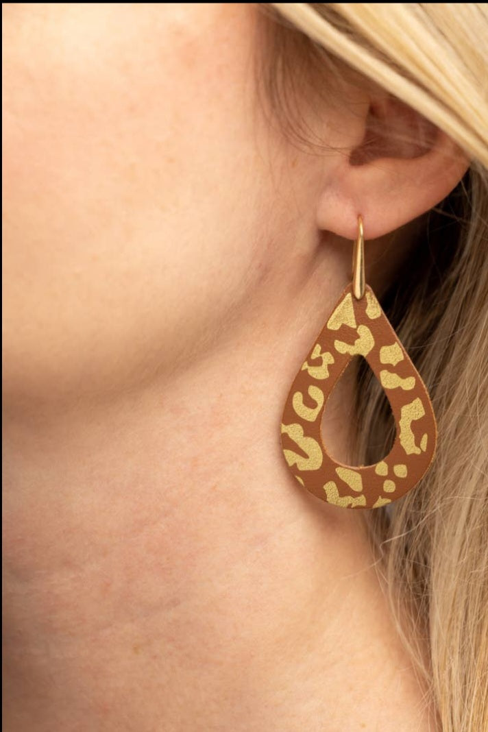 Gold Foil Leopard Teardrop Earrings, Brown & Gold