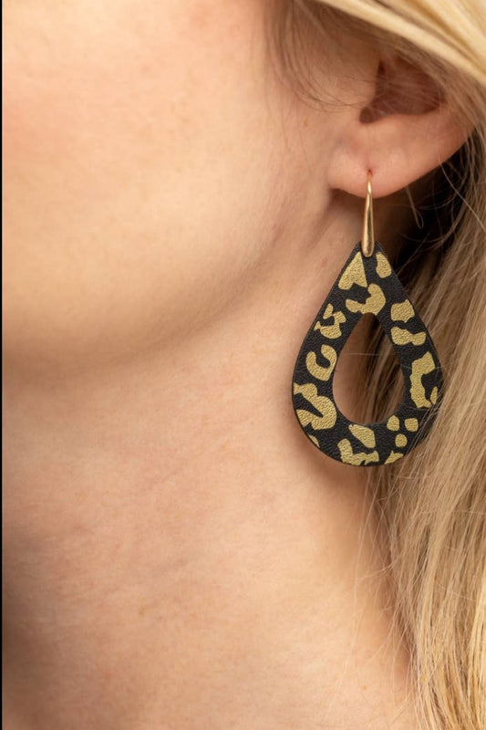 Gold Foil Leopard Teardrop Earrings, Black & Gold