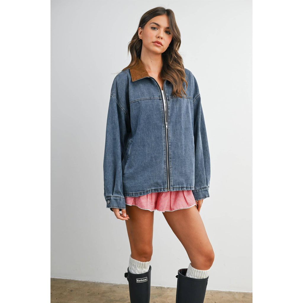 Zip-front Contrast-Collared Denim Jacket - BMJ8115