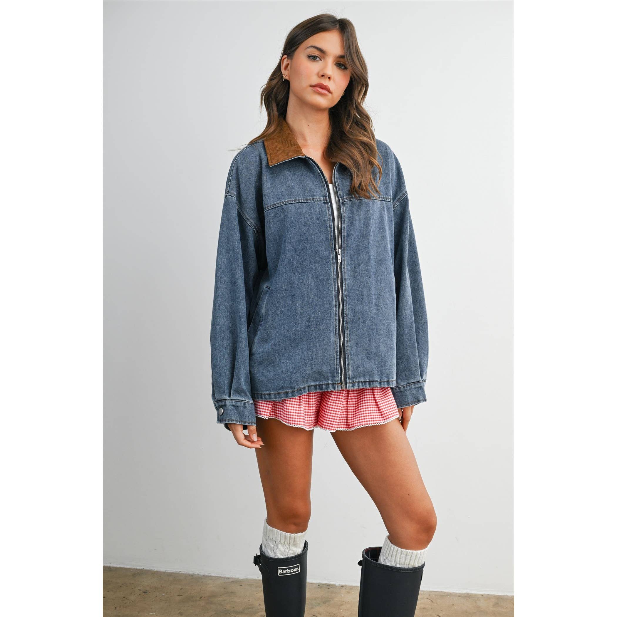 Zip-front Contrast-Collared Denim Jacket - BMJ8115