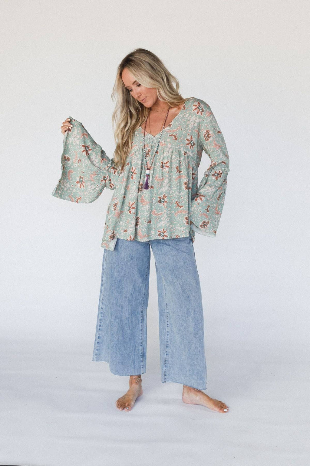 Brea Mixed Print Top - Sage Floral Print
