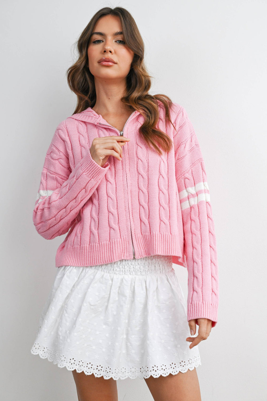 Cable Knit Zip-Up Hoodie Cardigan - BMC8196
