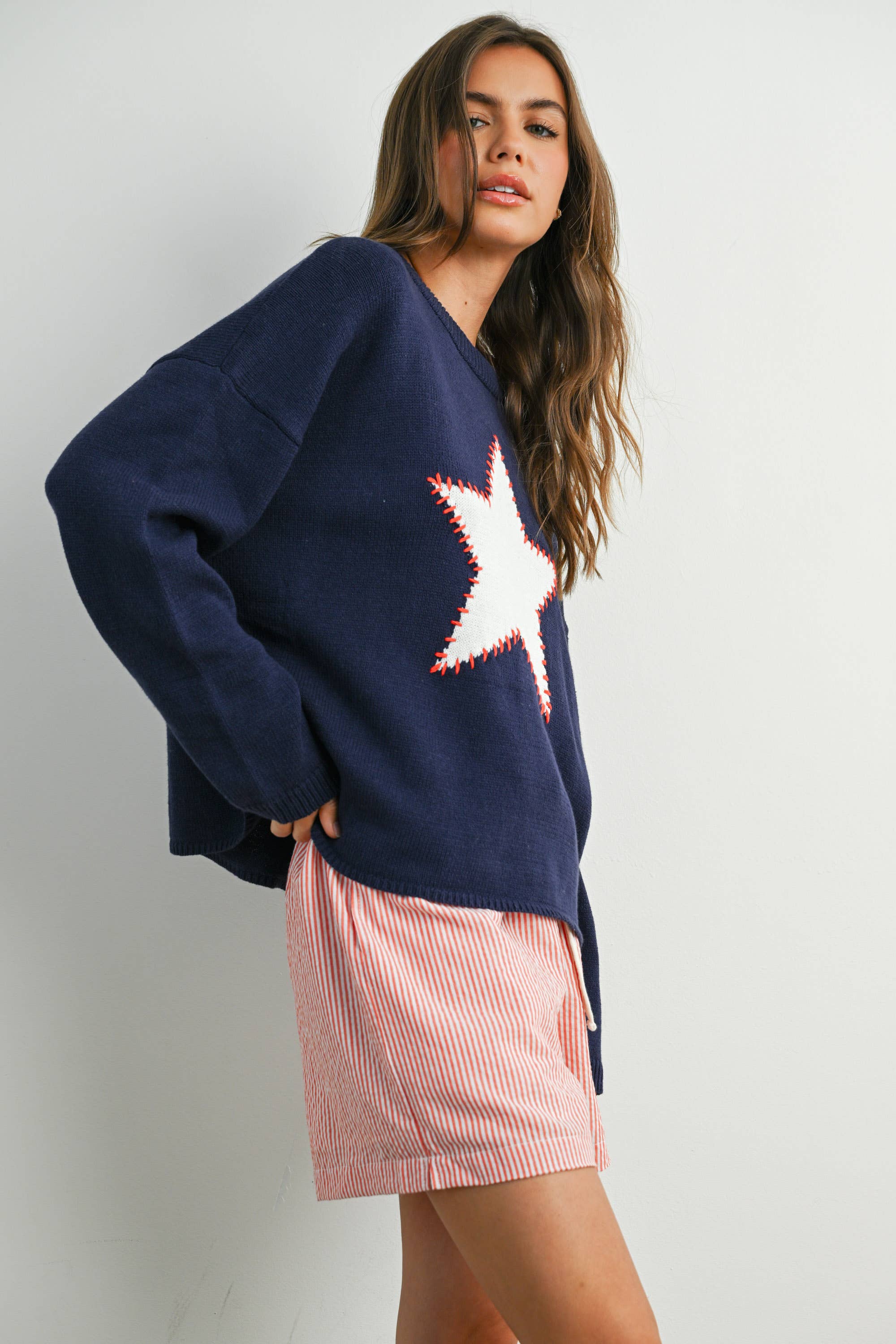 Drop Shoulder Star Pattern Sweater - BMW7756
