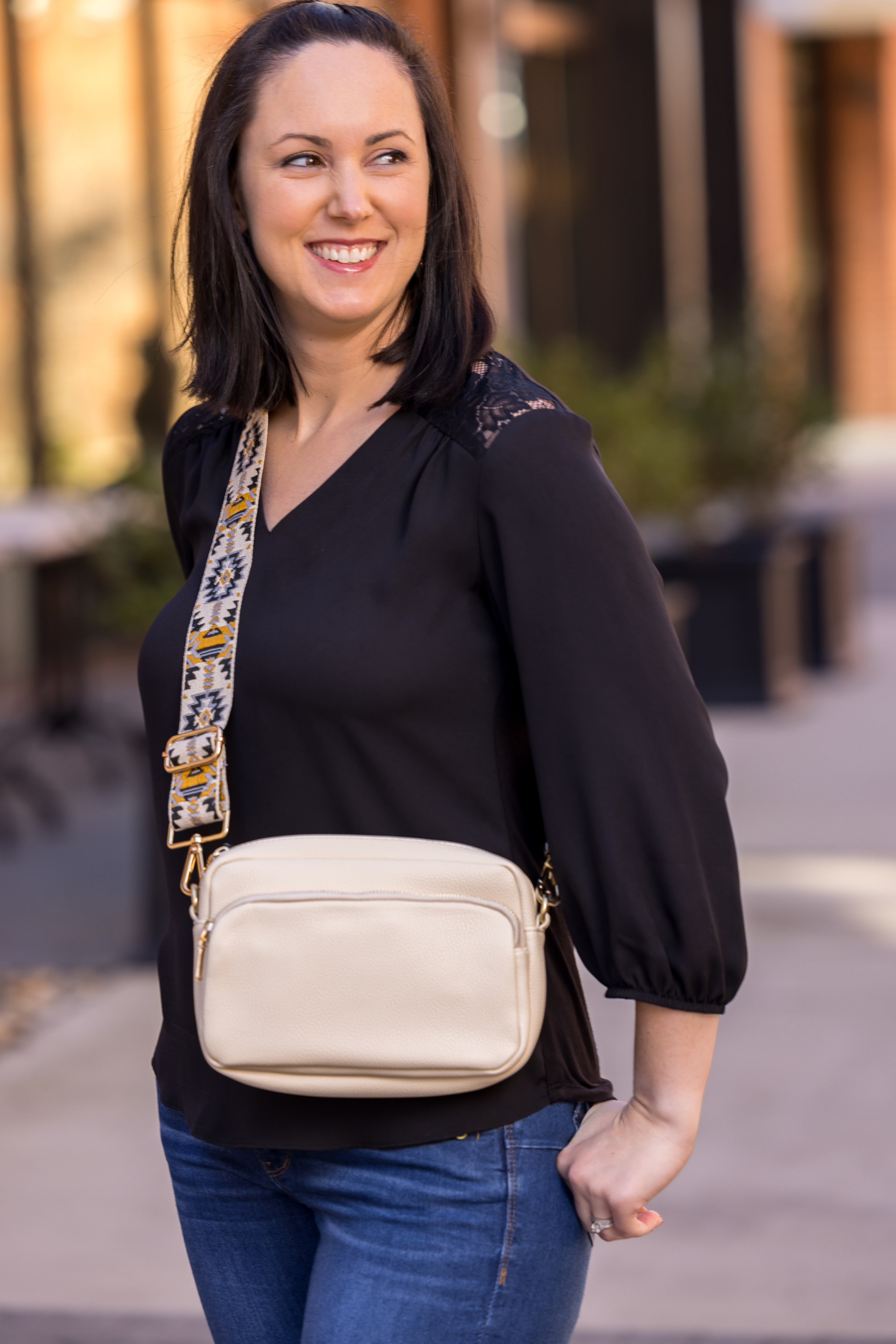 Emma Handbag - Buttercream with Aztec Guitar Strap (98764023