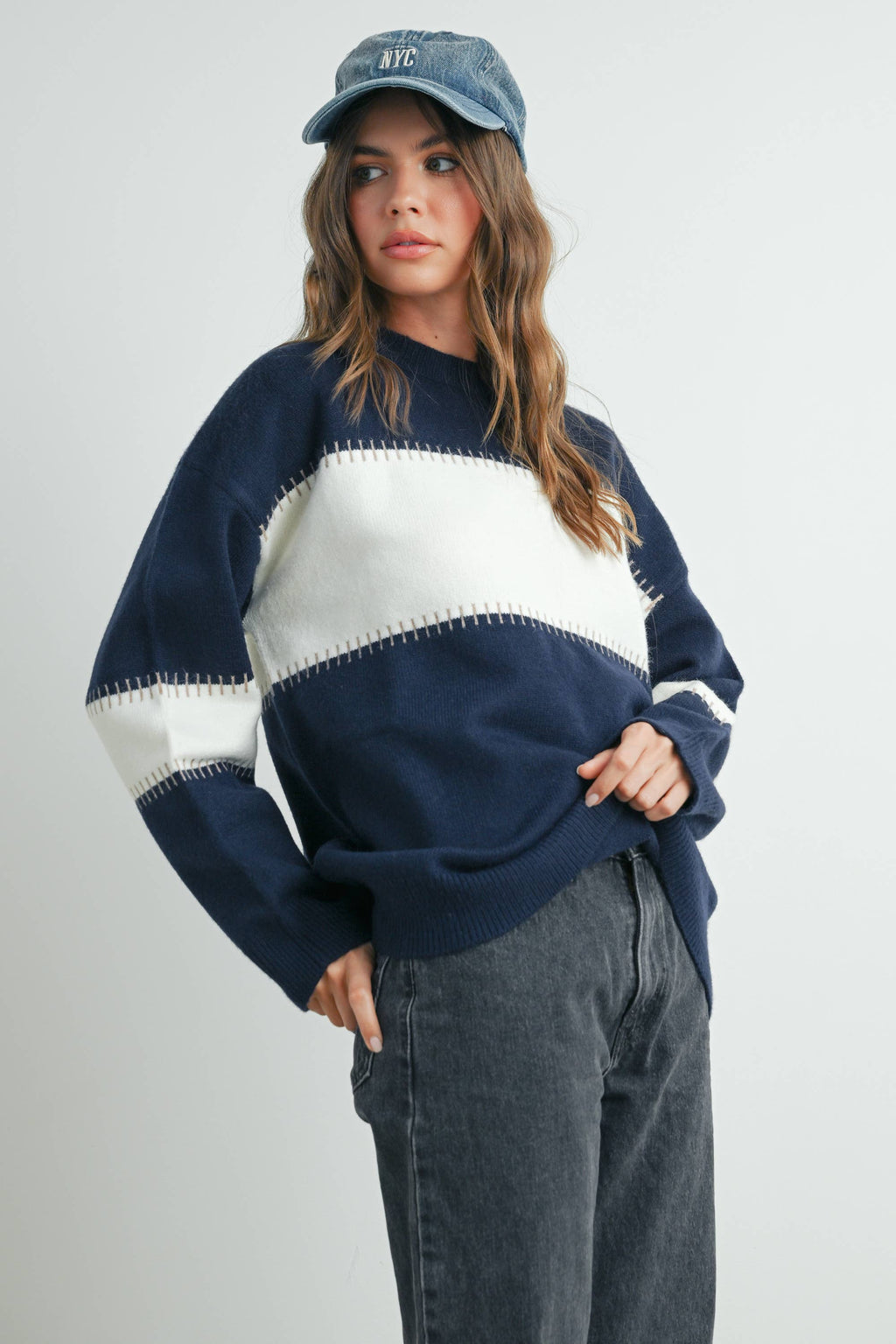 Color Block Striped Crew Neck Sweater - BMW7501