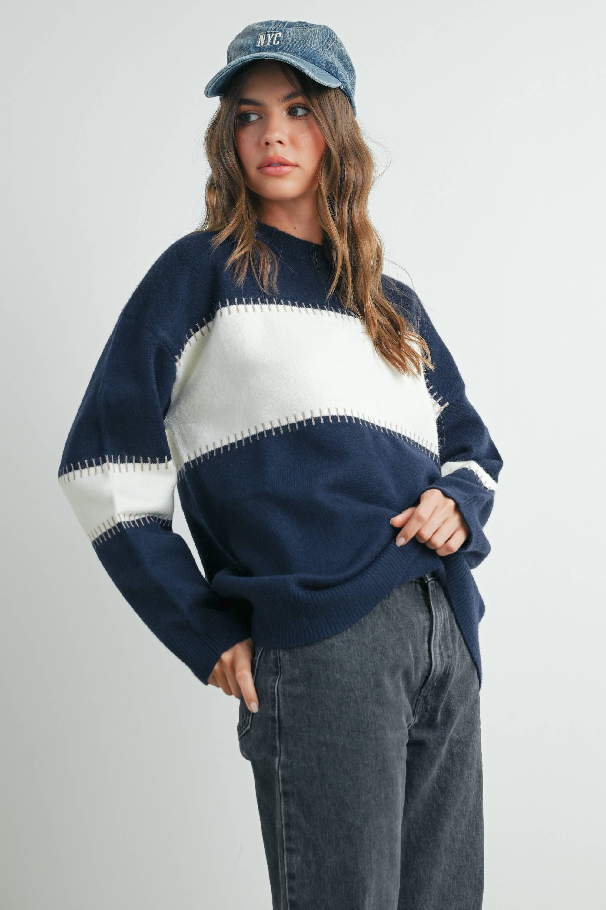 Color Block Striped Crew Neck Sweater - BMW7501