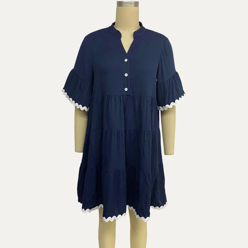 Adorable Navy Button-Front Short Sleeve Babydoll Dress