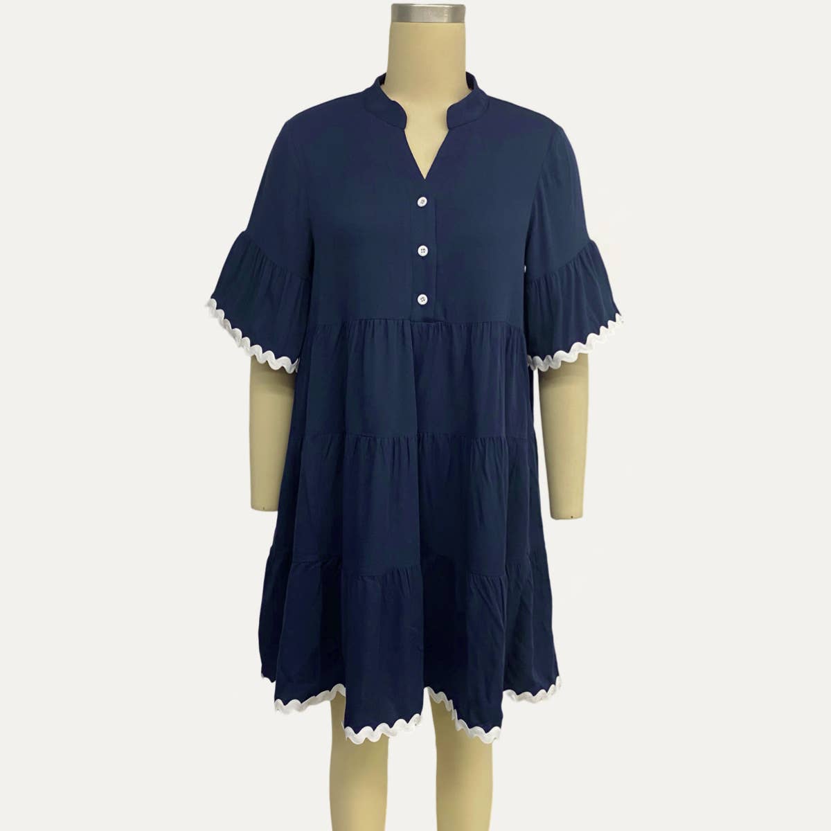 Adorable Navy Button-Front Short Sleeve Babydoll Dress