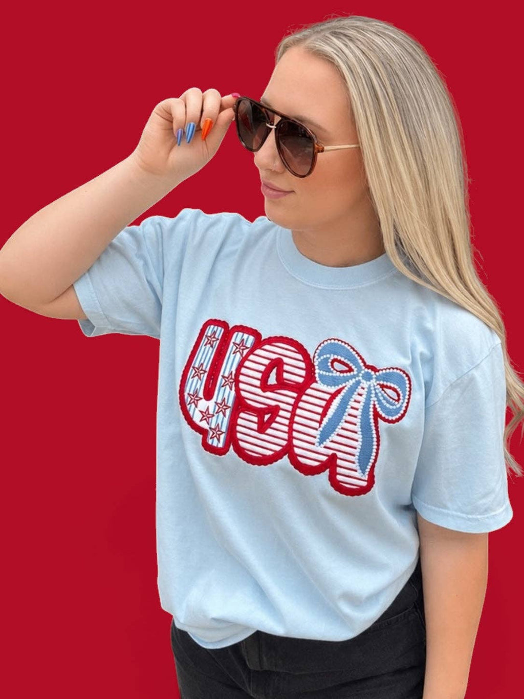 Fuzzy Red/White/Blue USA with Bow Word Patch...Patches Only