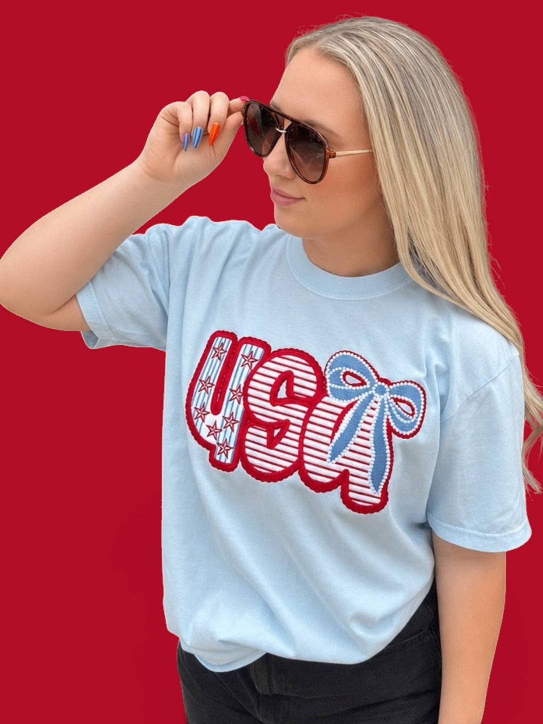 Fuzzy Red/White/Blue USA with Bow Word Patch...Patches Only