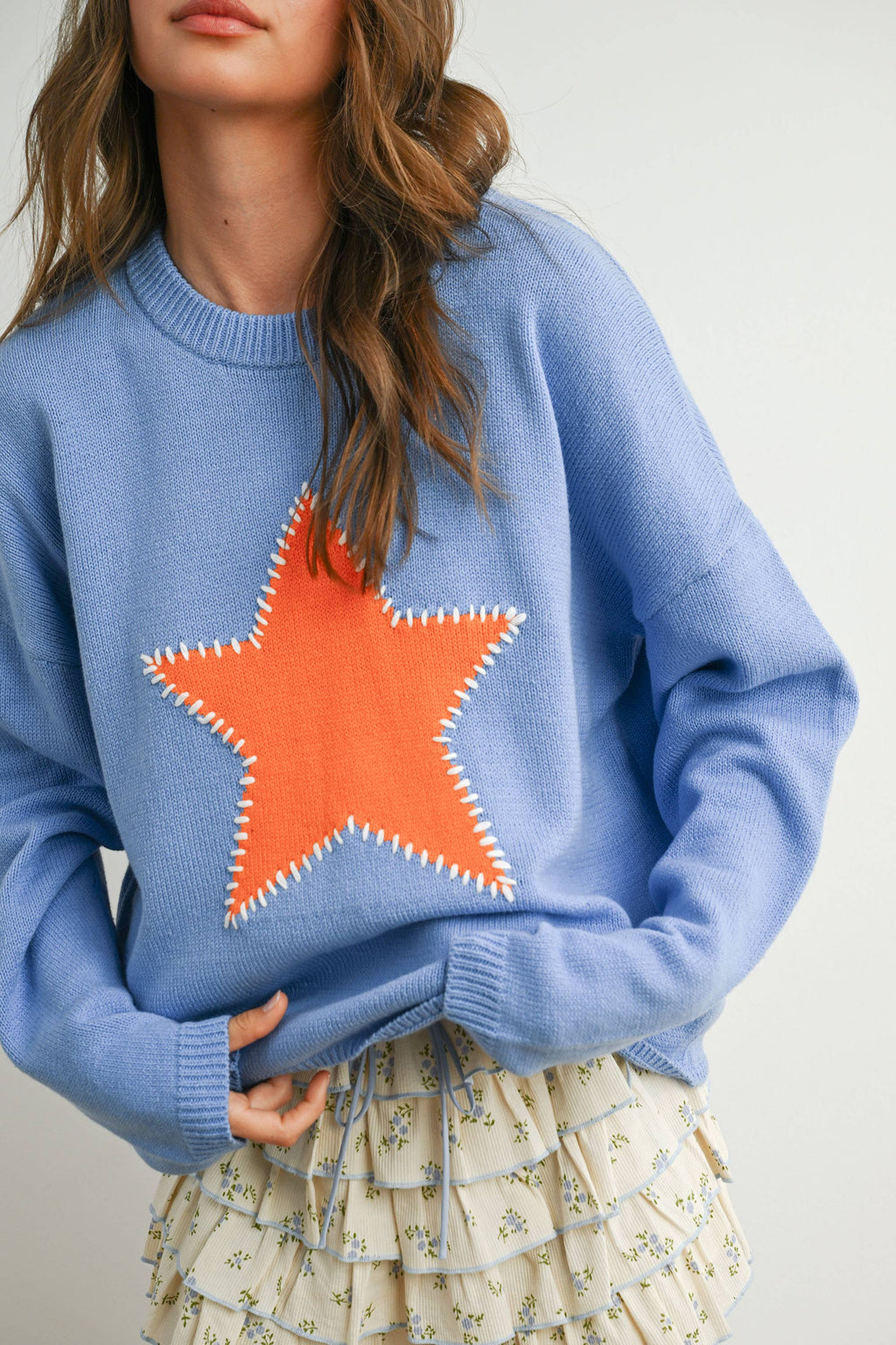 Drop Shoulder Star Pattern Sweater - BMW7756