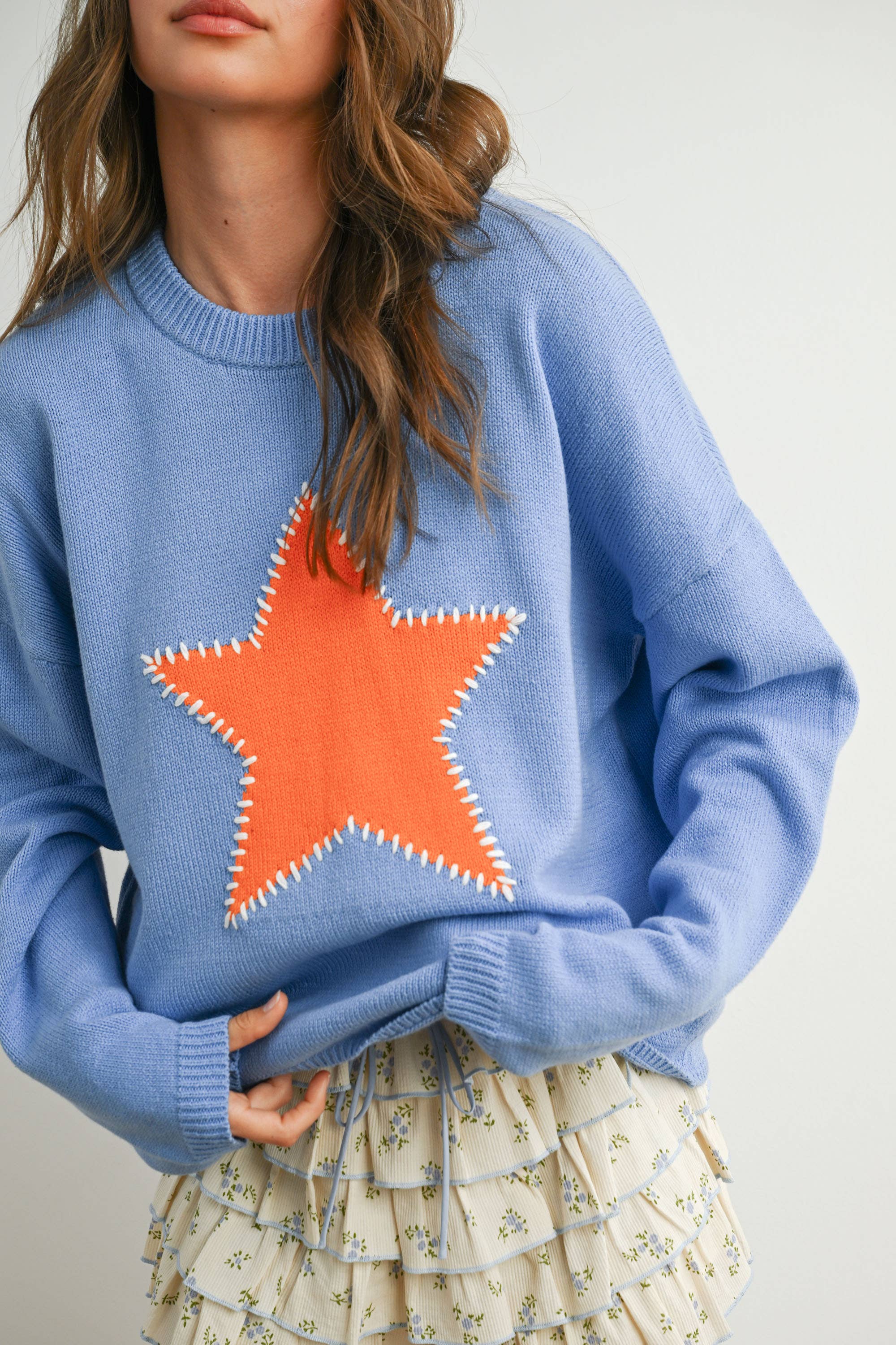 Drop Shoulder Star Pattern Sweater - BMW7756