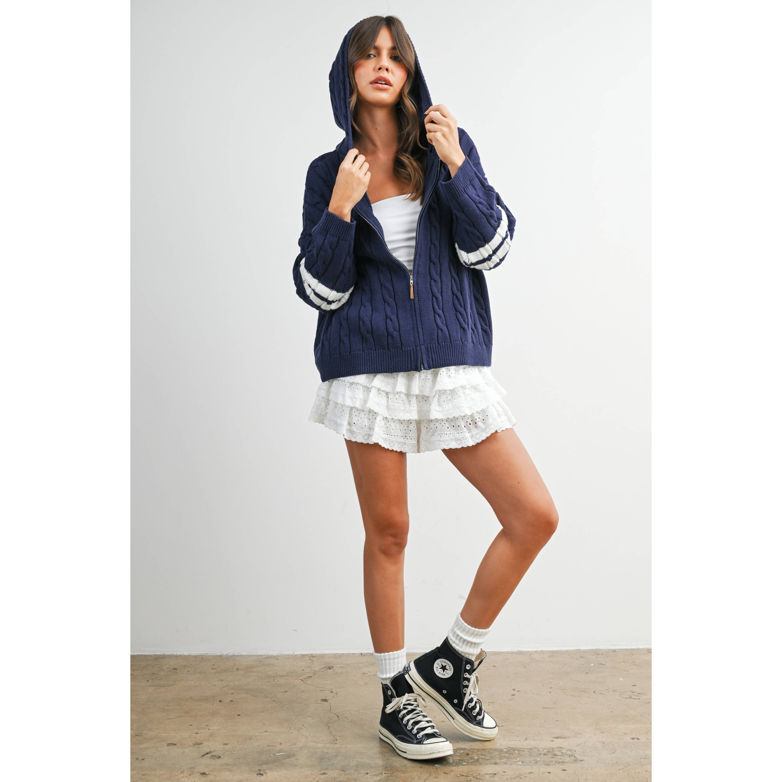 Cable Knit Zip-Up Hoodie Cardigan - BMC8196