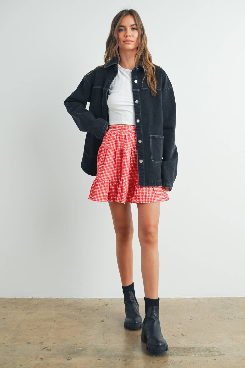 High Waist Tiered Check Skirt - BMS7530-B