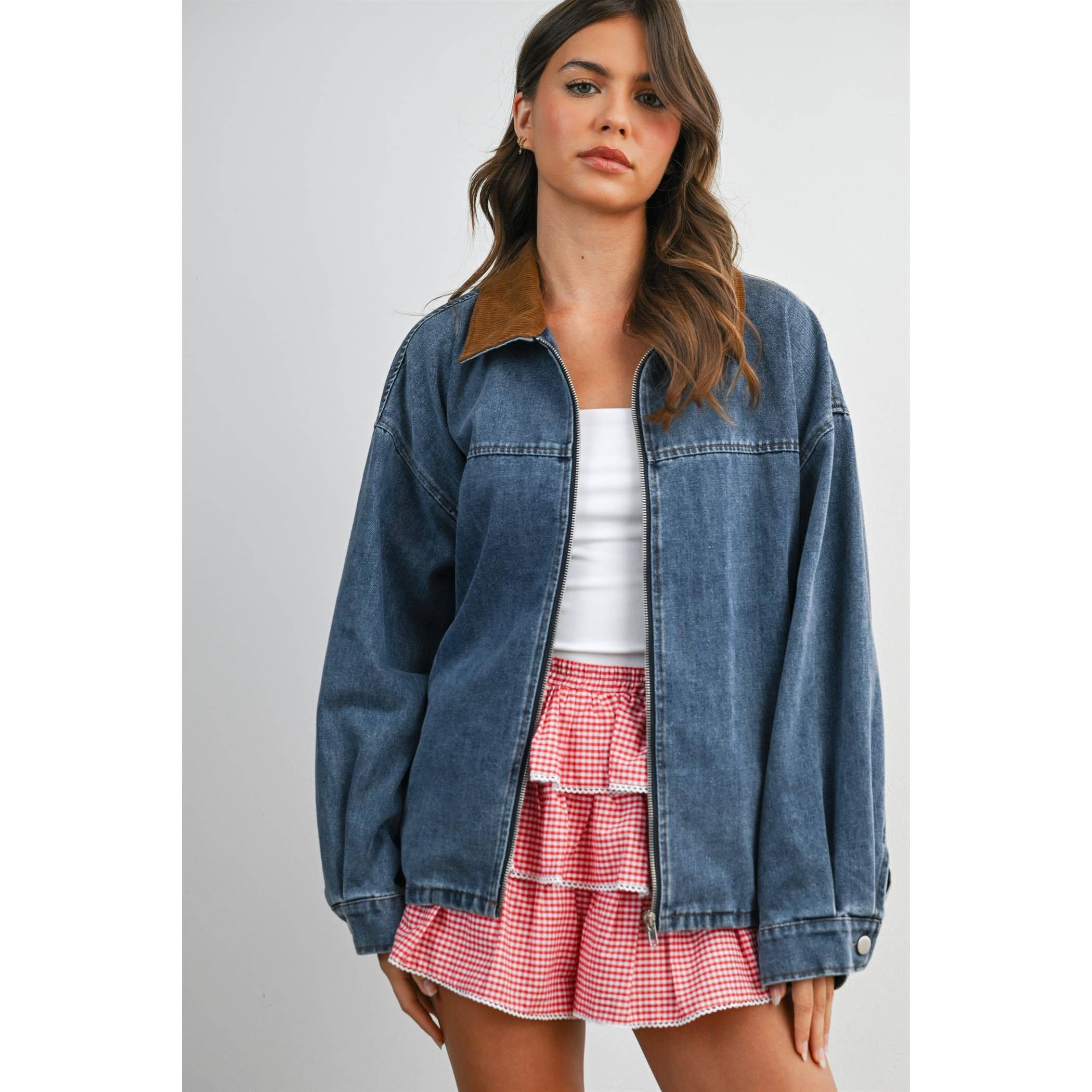Zip-front Contrast-Collared Denim Jacket - BMJ8115