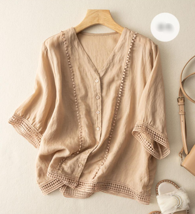 Mid-Sleeve Crochet Blouse|Vintage Artistic Summer Shirt