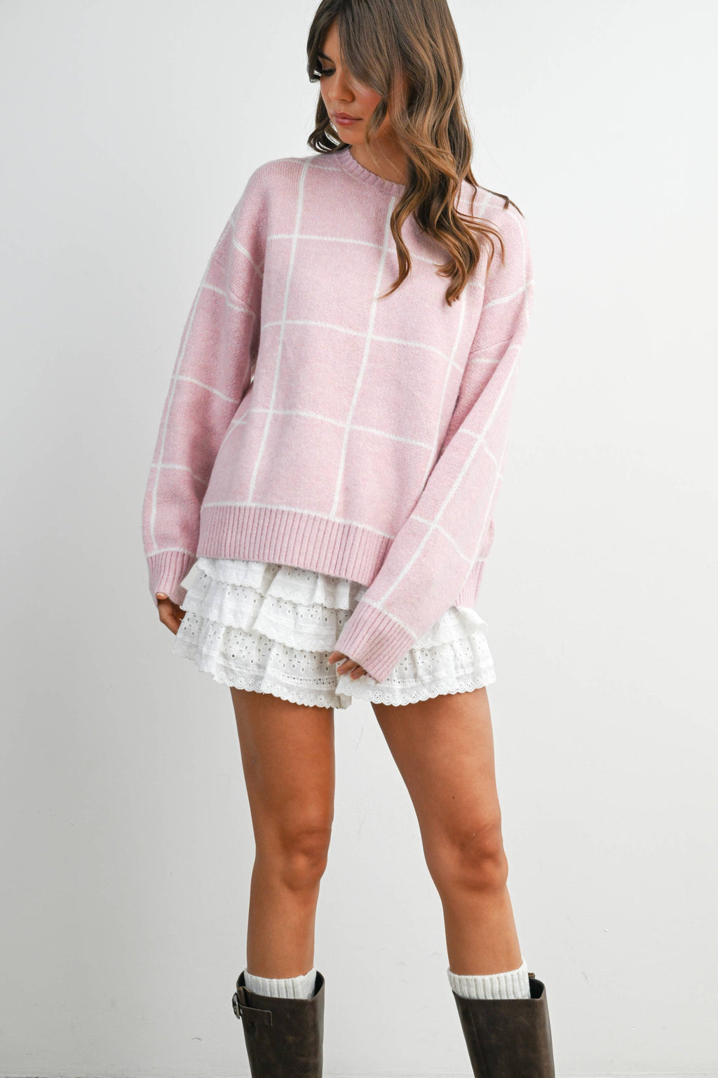 Checkered Crew Neck Knit Sweater - BMW8077