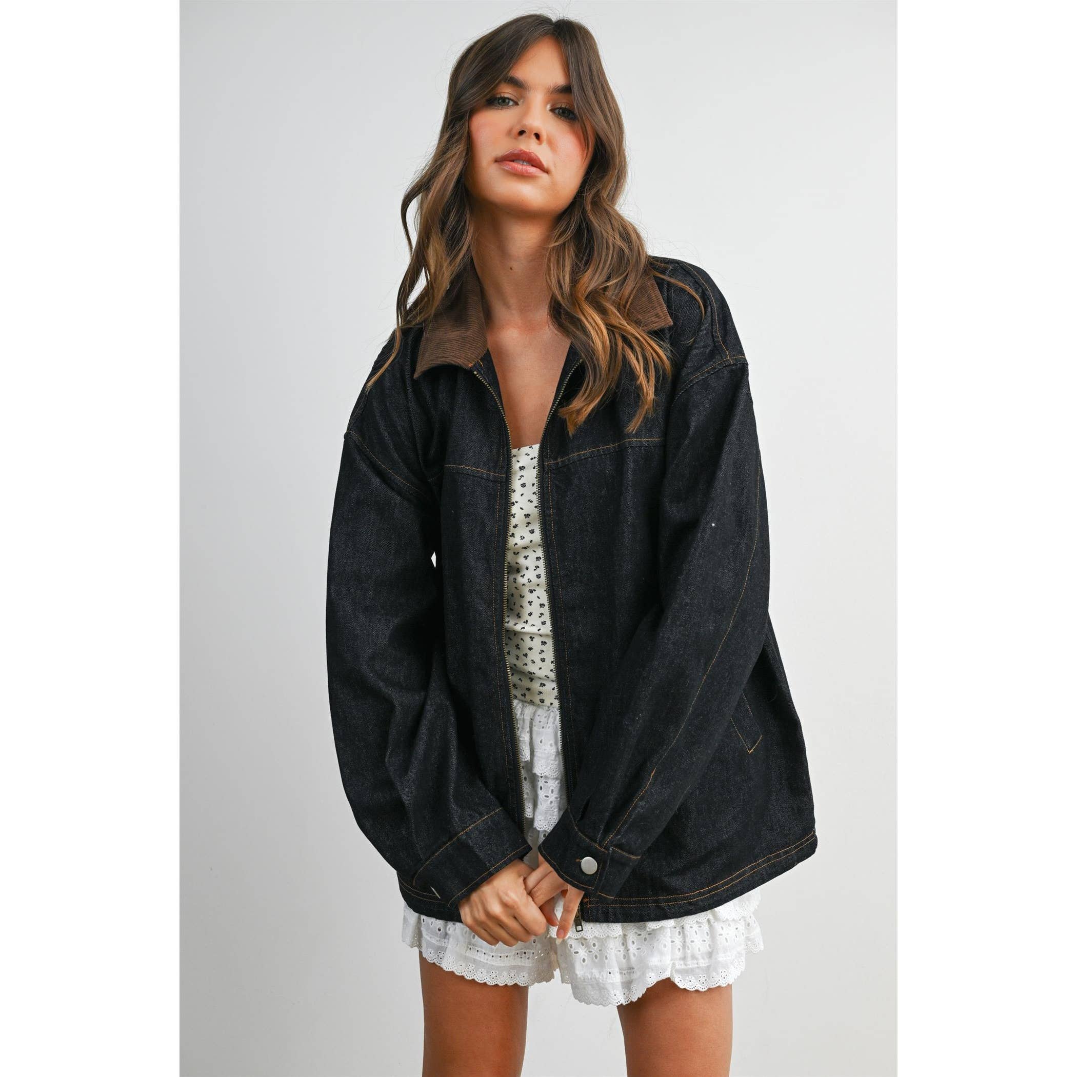 Zip-front Contrast-Collared Denim Jacket - BMJ8115