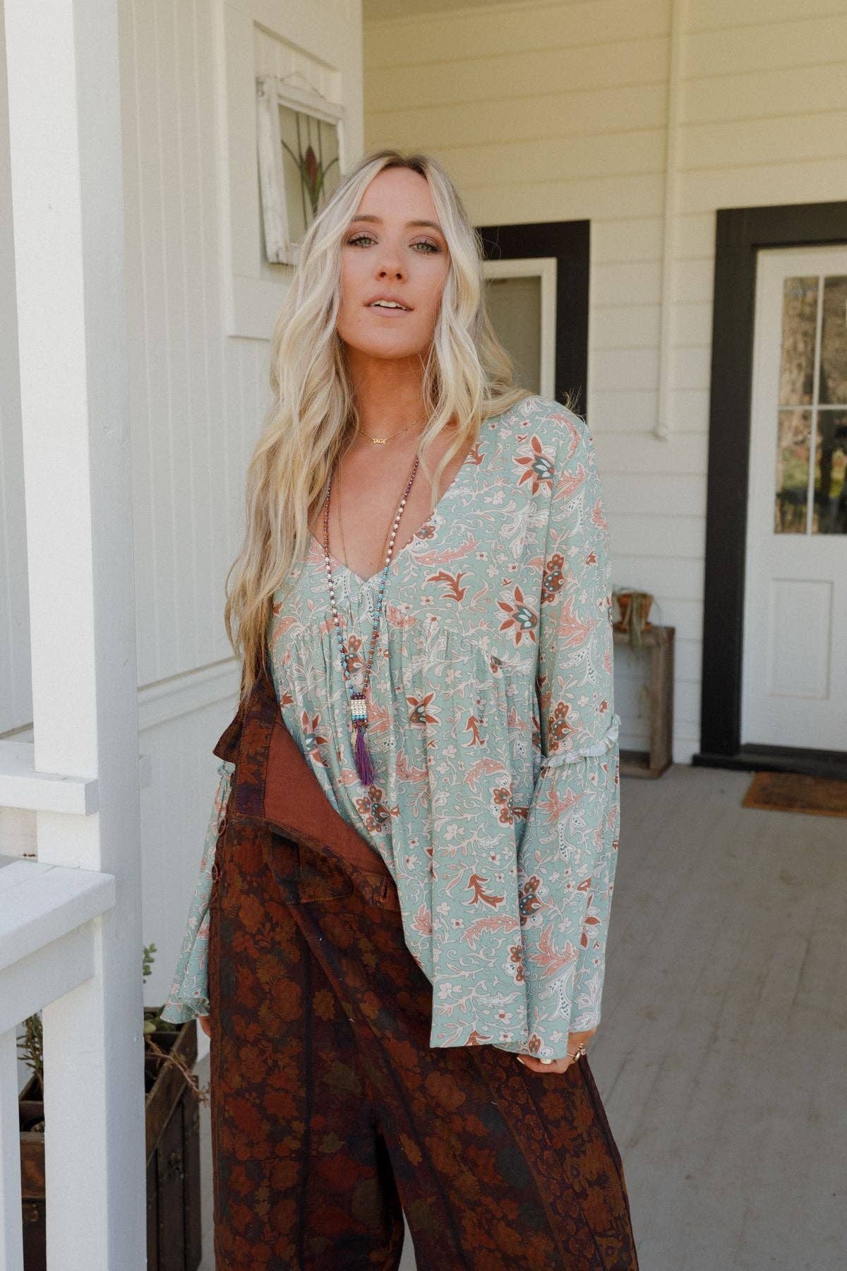 Brea Mixed Print Top - Sage Floral Print