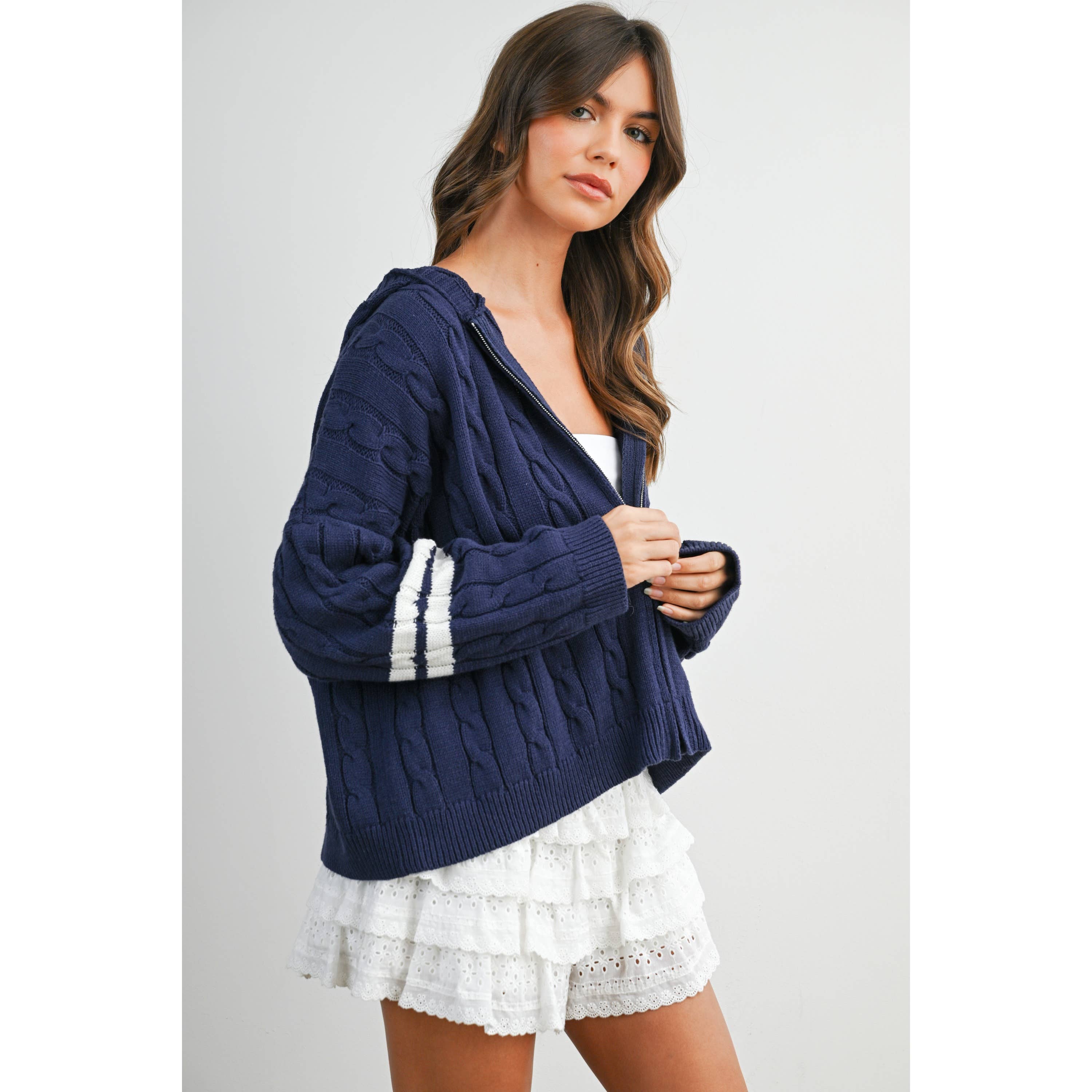 Cable Knit Zip-Up Hoodie Cardigan - BMC8196