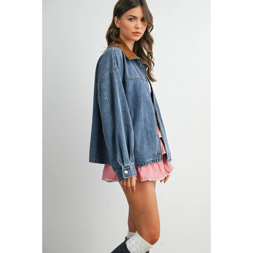 Zip-front Contrast-Collared Denim Jacket - BMJ8115